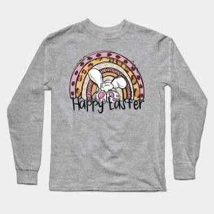 Happy Easter Bunny Rainbow Cheetah Pattern Design Long Sleeve T-Shirt